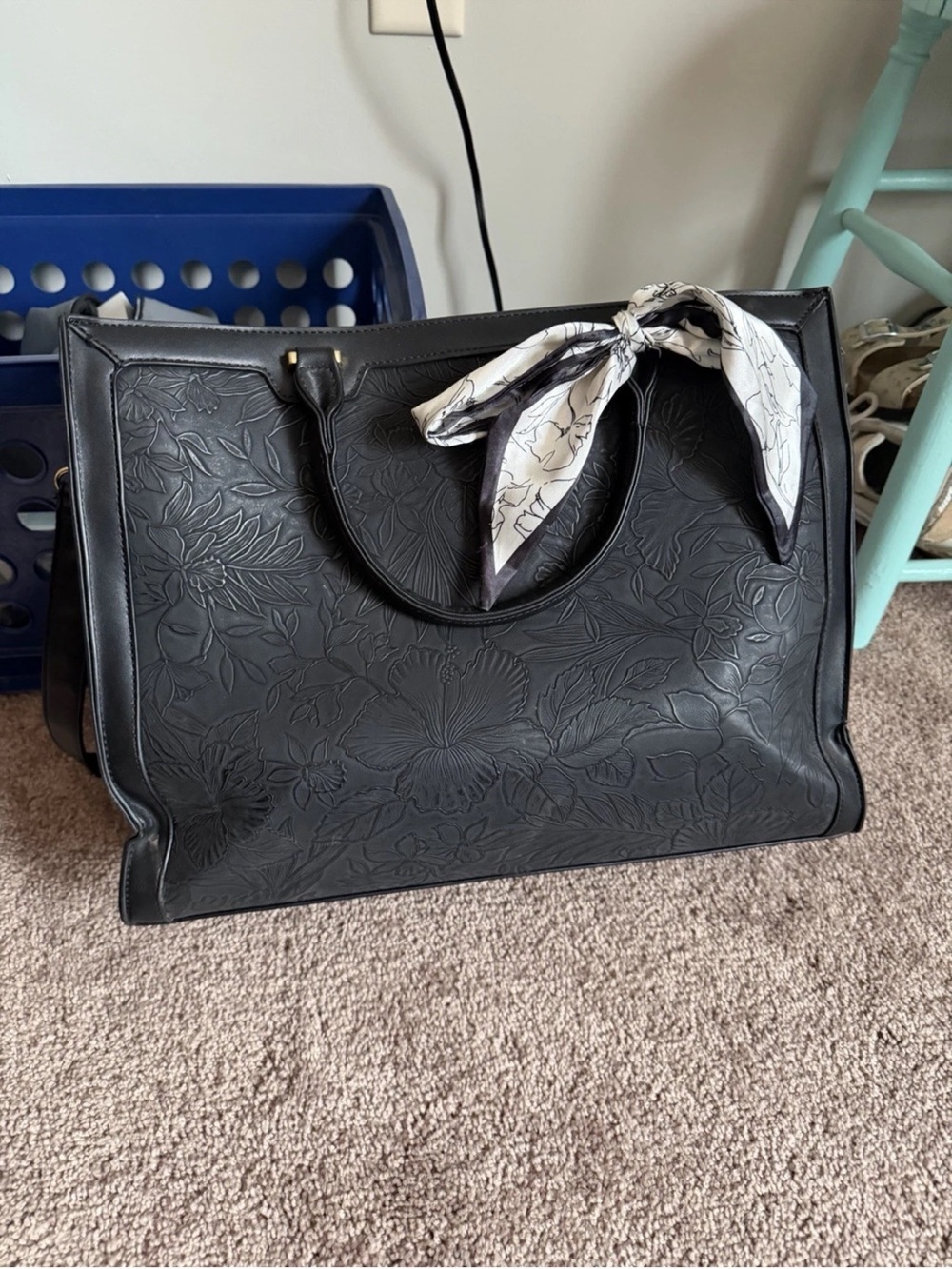 Black Floral Embossed Tote Bag with Scarf